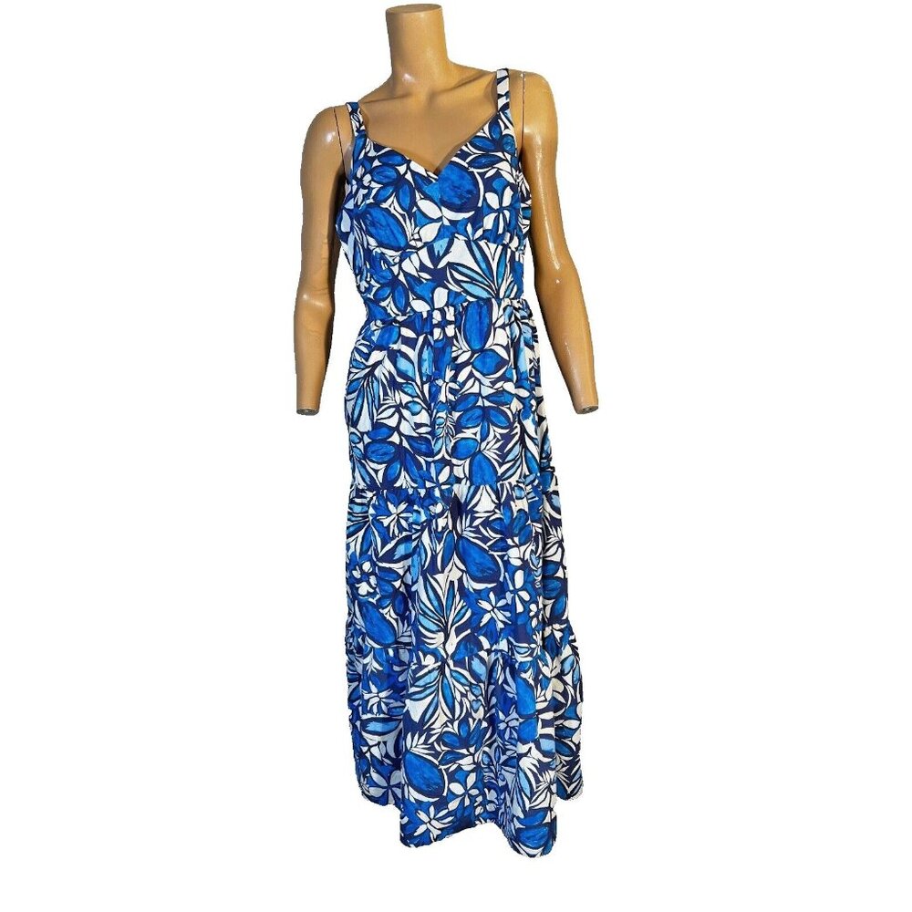 Maggie London Women Sun Dress Sz 10 Blue White Floral Resort Wear Vacation Maxi - Picture 2 of 9
